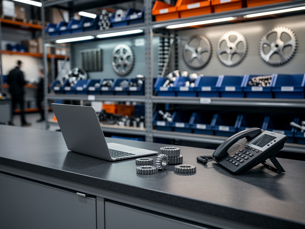 The front sales counter of the warehouse with a laptop, a desk phone and a few sample sprockets, nobody in focus.