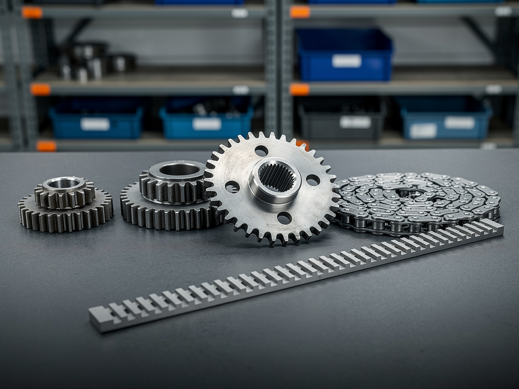 A neat lineup of gears, a sprocket, a chain coil and a gear rack arranged on a dark surface.