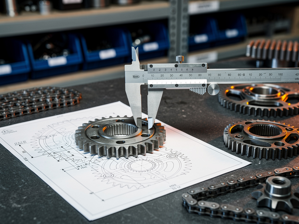Calipers measuring the pitch of a sprocket next to a technical drawing on the workbench.