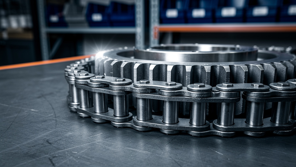 A tight close-up of a steel roller chain wrapped around a large sprocket on a graphite workbench, light glinting off the