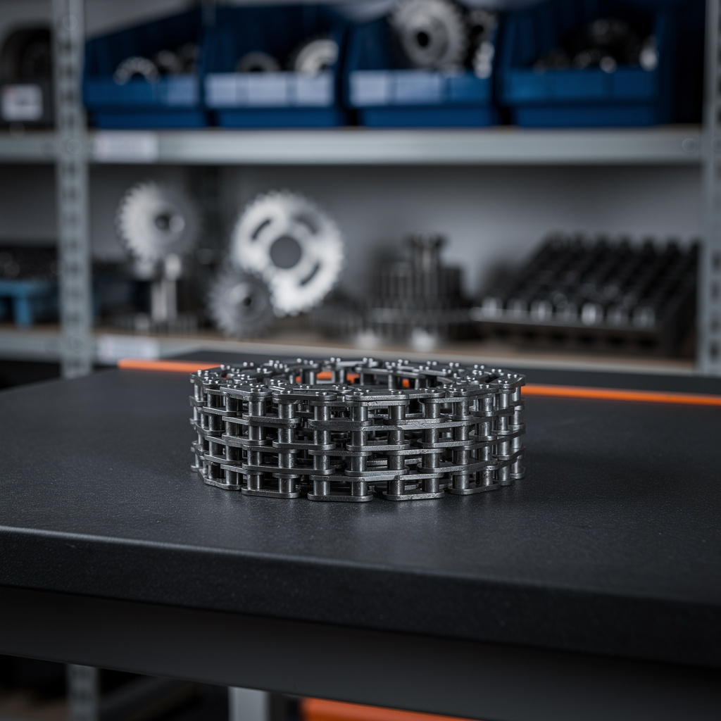 A coil of unbranded steel roller chain on a clean graphite surface with soft cool light.
