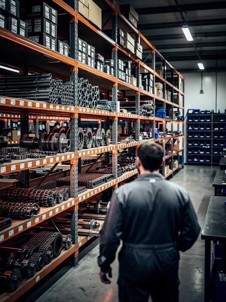 A wide view of the warehouse aisle with organized steel shelves of chain boxes and gears, a technician seen from behind 